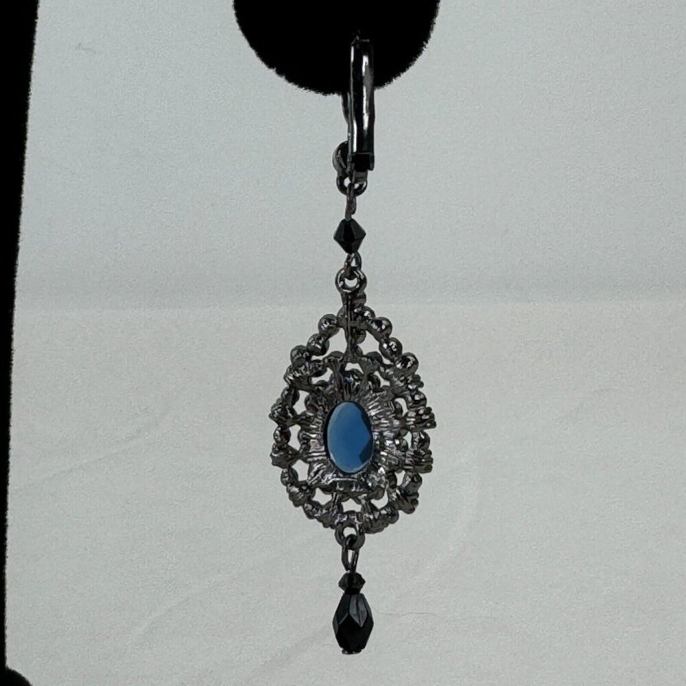 Vintage NR Pendant Necklace Dangle Earrings Set Gunmetal Midnight Blue Metallic - Picture 9 of 16